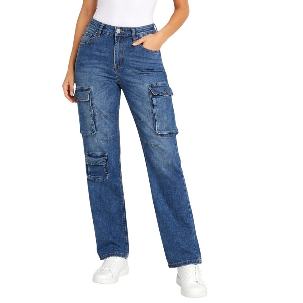 Love Trends Cargo Jeans Womens Sz.‎ S / 27 Blue Denim Straight Leg Multi Pocket
